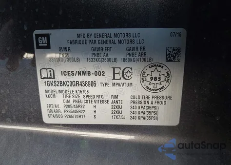 2016 GMC Yukon Slt из США, поврежденный, VIN 1GKS2BKC0GR438906